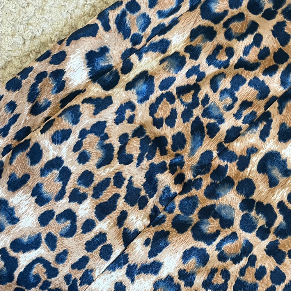 Lulu's Satin Tan and Navy Blue Leopard Print Midi A-line Skirt - Picture 6 of 9